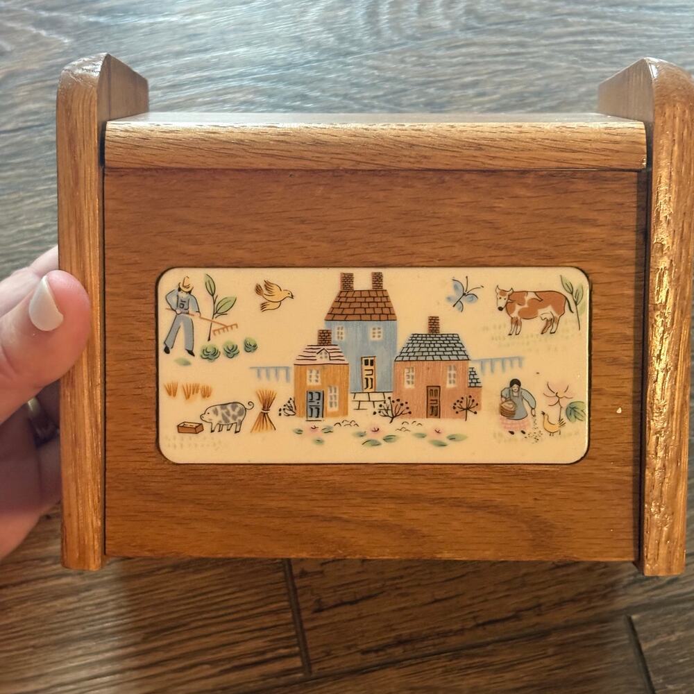 Cottagecore Wood Recipe Box Porcelain Farm Design Inlay Pink Blue Hangable